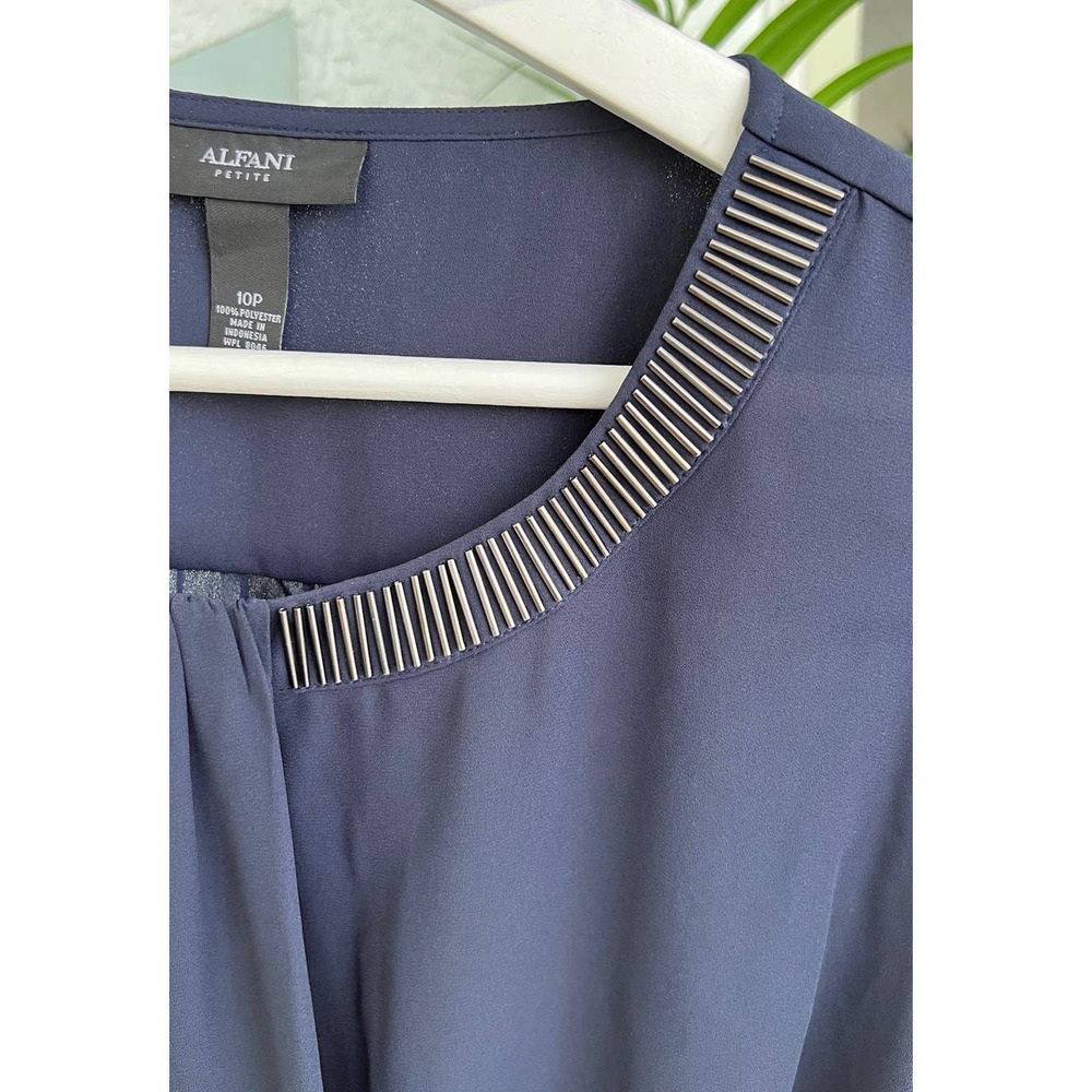 Alfani Navy Sheer Top Chiffon Sleeves Petite 10P Beaded Neckline Lightweight - Picture 5 of 12